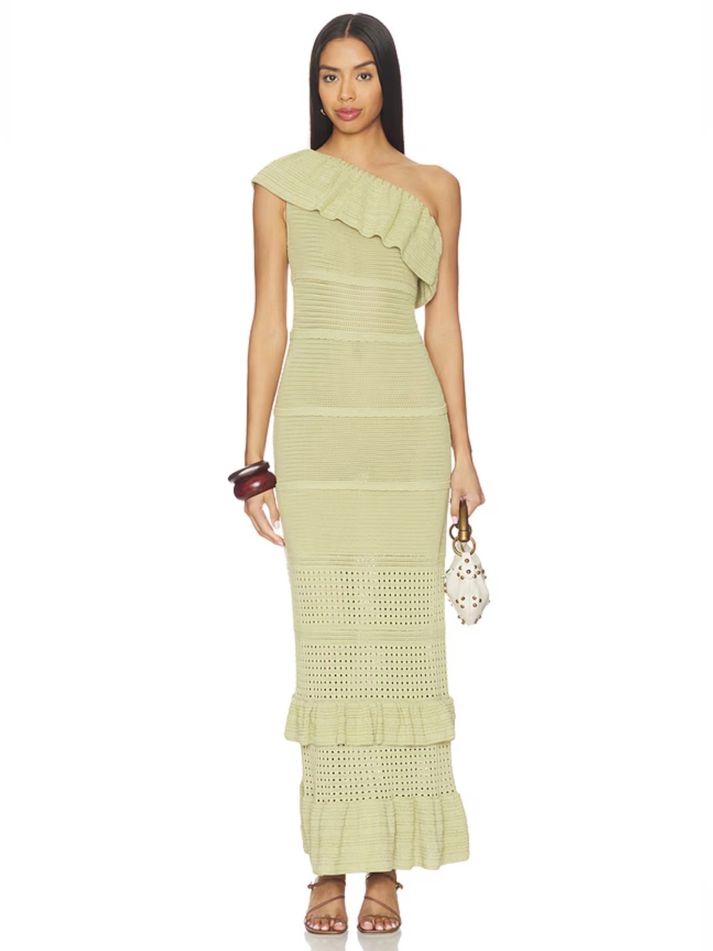 Tularosa Kenzee Ruffle Midi Dress Sage One Shoulder Knit Maxi Dress Revolve XS